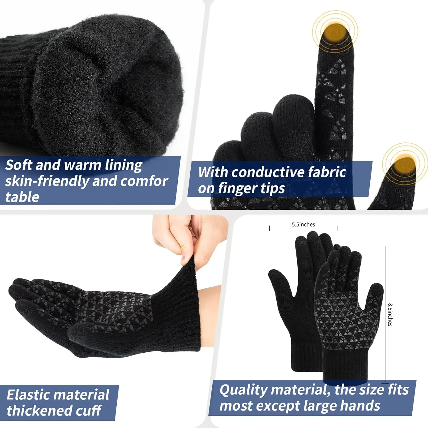Winter gloves, men\'s gloves black heated non-slip touch screen with hot soft knit for running, driving and hiking