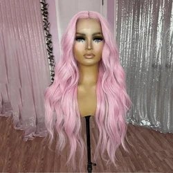 AIMEYA Pink Long Wave Lace Front Wig Heat Resistant Synthetic Hair Daily Use Pink Wigs Natural Hairline