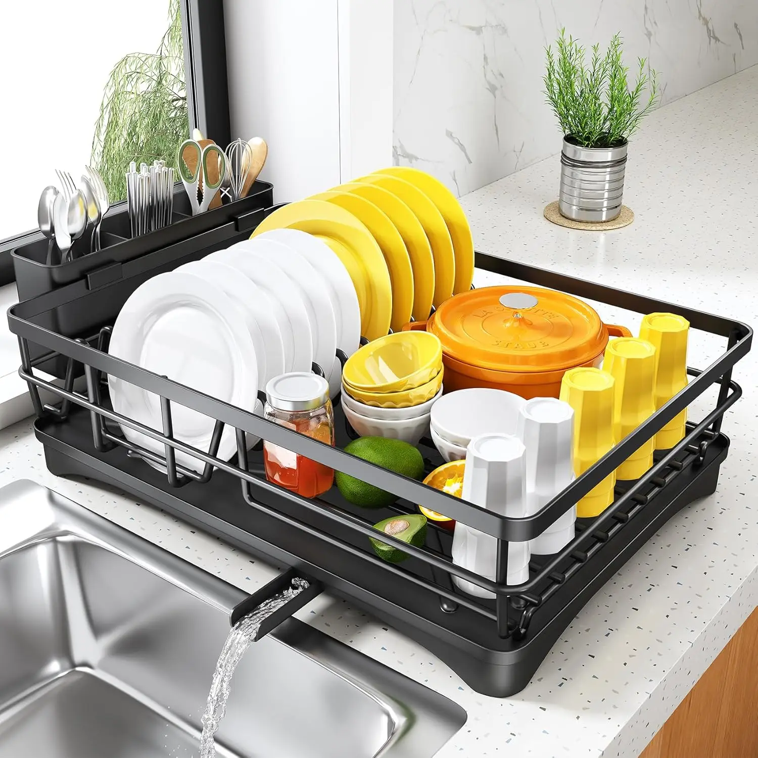 

Large Black Dish Drying Rack with Drainboard & Utensil Holder – Rustproof Kitchen Counter Stand