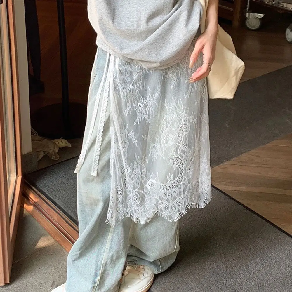 กระโปรงลูกไม้เอวสูงปักลายดอกไม้ กระโปรงลูกไม้โปร่งแสง กระโปรงเชือกผูกสไตล์ฮาราจูกุ Y2K สตรีทแวร์