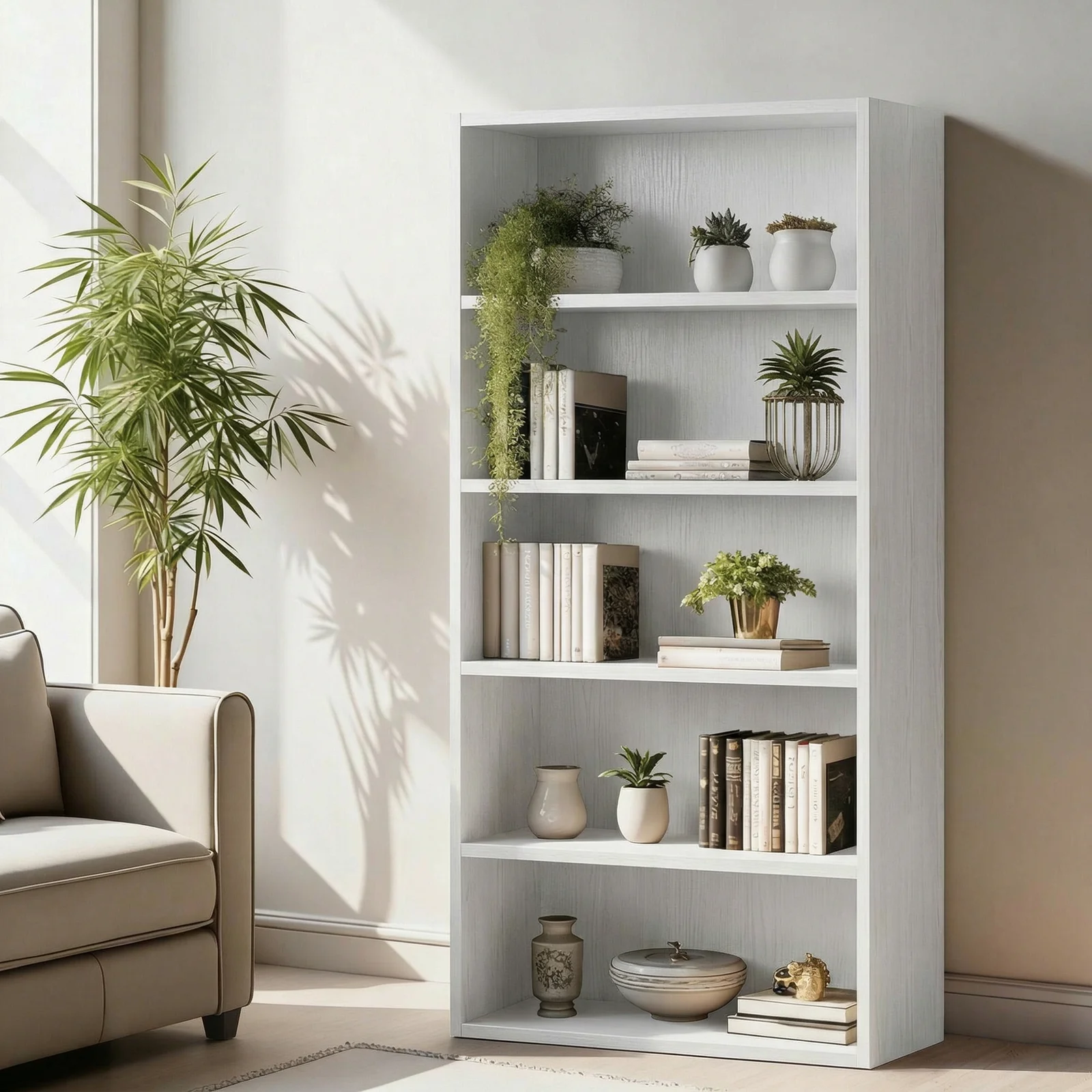 MCQ 5 Tier Wooden Bookshelf Black 53 Inch Tall Bookcase Standing Open Book Shelf Organizer Adjustable Display Storage Shelves