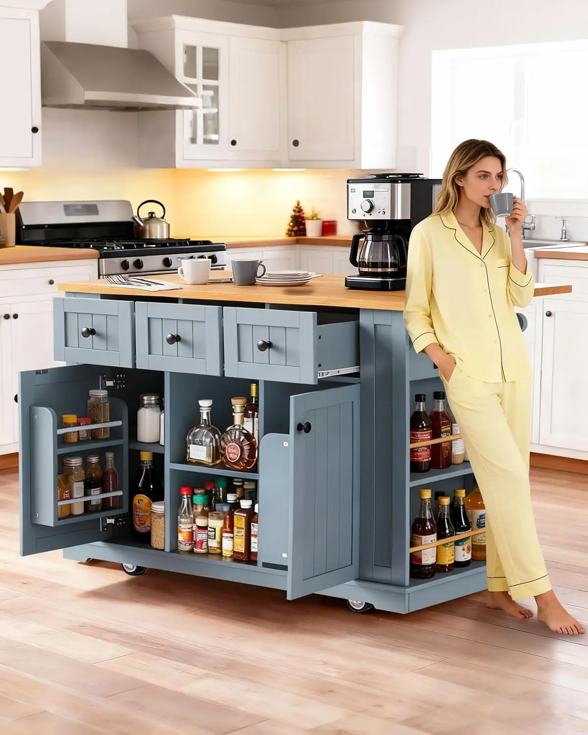 53'' Rolling Kitchen Island with Storage, Sturdy Large Kitchen Cart on Wheels with Drop Leaf & Power Outlet, Customized