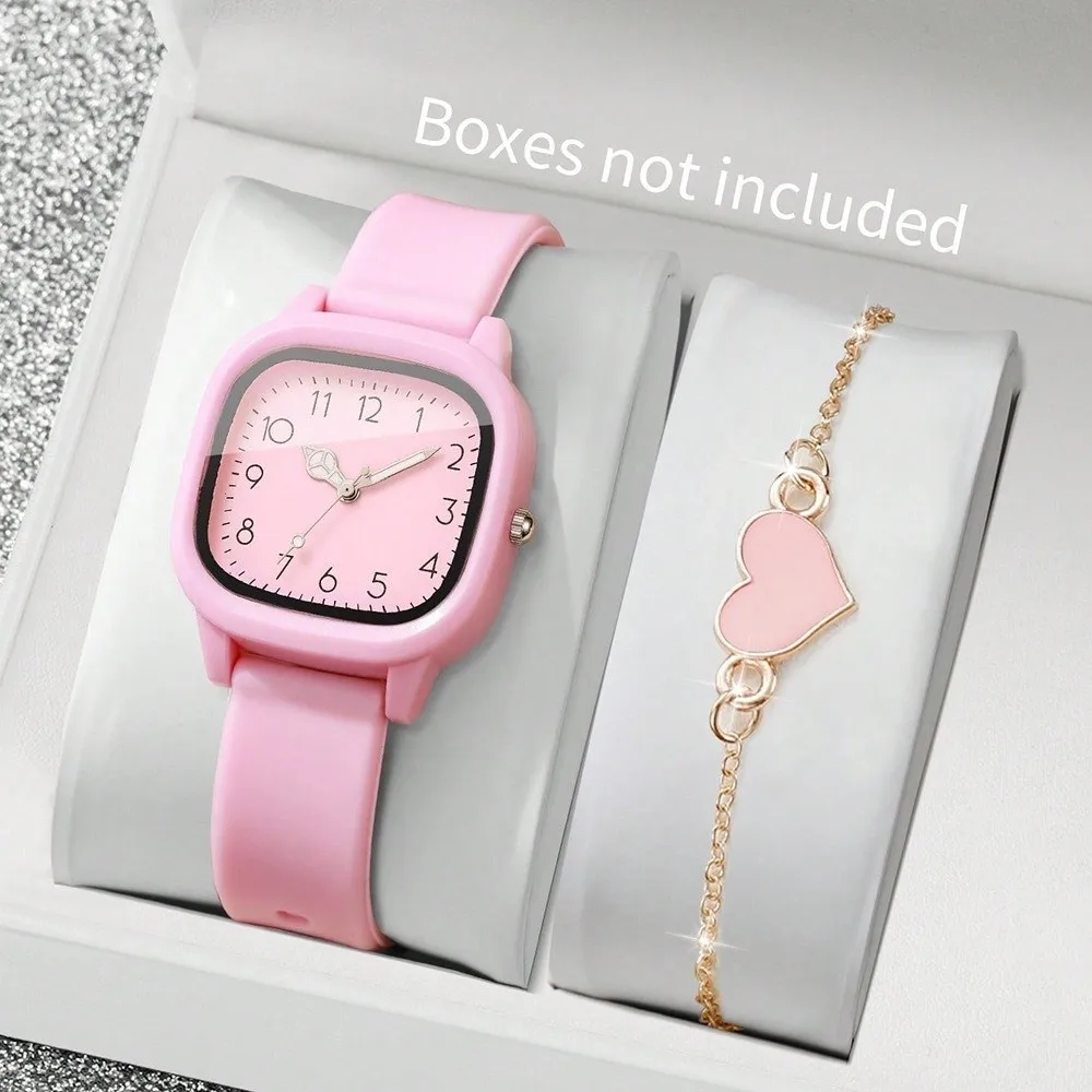 2PCS/Set Square Dial Women Quartz Watch Silicone Strap Quartz Movement Arabic Dial Watch Heart Bracelet Women Watch Casual Wear