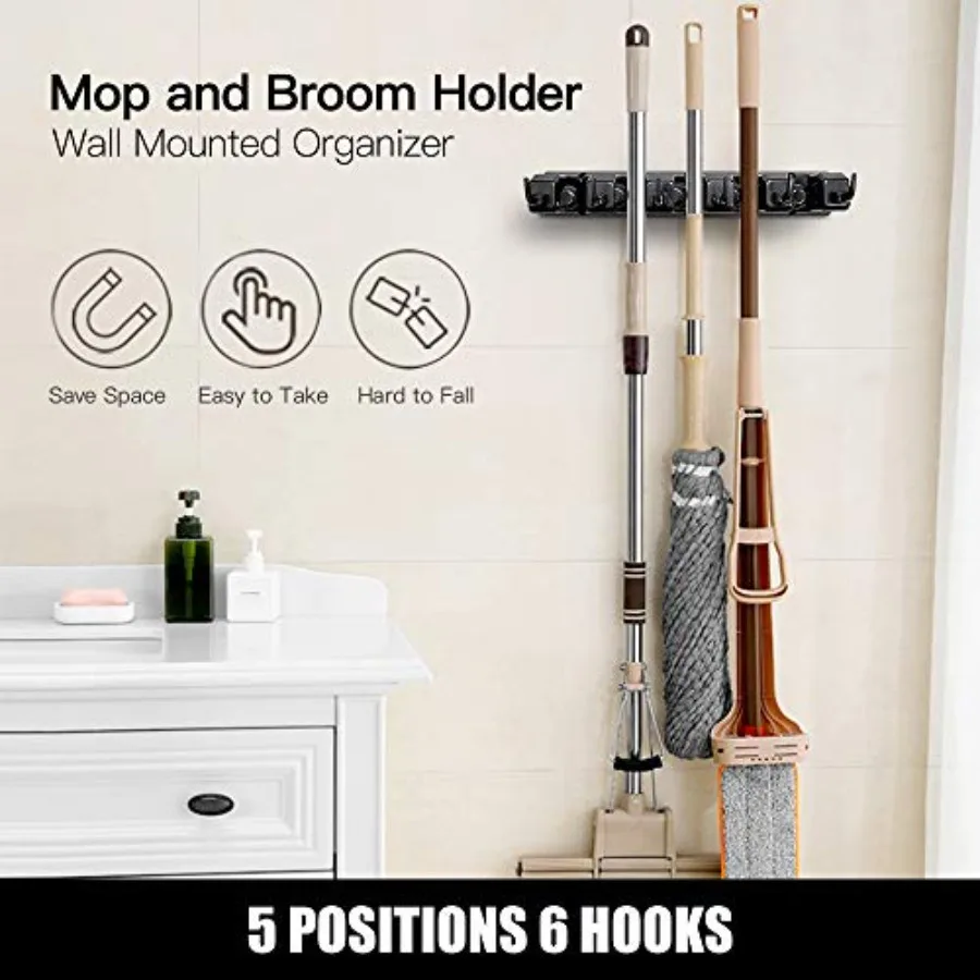 Mop and Broom Holder, Wall Mounted Organizer Mop and Broom Storage Tool Rack with 5 Ball Slots and 6 Hooks Black - view 3