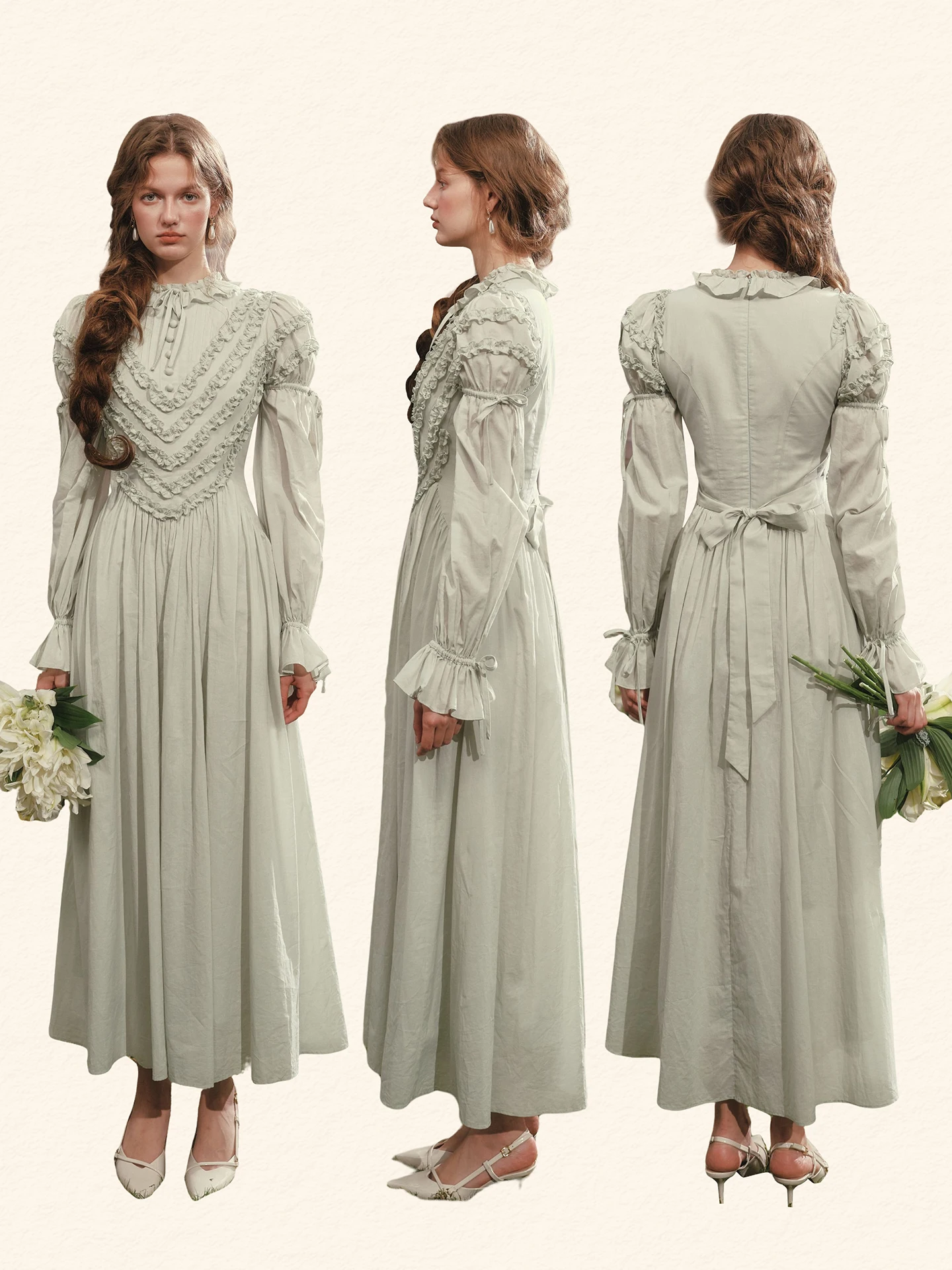 TIYIHAILEY Jesienna Sukienka Damska Długa Maxi z Bufiastymi Rękawami XS-XL Vintage z Wysokim Stanem 100% Bawełna Sznurowana Nowość 2025