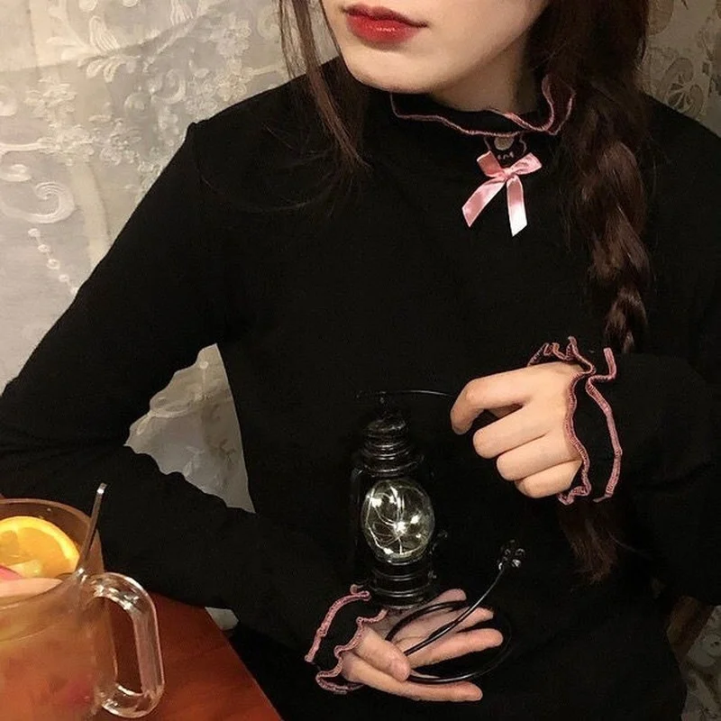 KOSAHIKI Dralon Long Sleeve T-shirt Women Kawaii Rabbit Embroidery Turtleneck Slim Tops 2024 Y2k Japan Sweet Basic Ruffle Tee