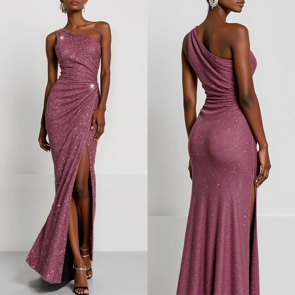 

High Quality Customized One Shoulder Floor Length Sleeveless Pleat High Fork Backless Evening Luxury Dress Dubai فساتين حفلات