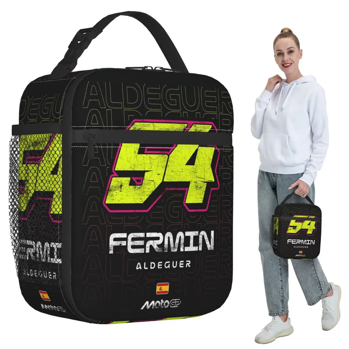 Fermin Aldeguer Number 54 Spain Ducati BK8 Gresini Racing MotoGP Insulated Lunch Bag Cooler Thermal Food Box Tote Portable Lunch