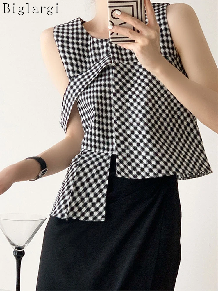 Irregular Plaid Tank Women Tops 2023 Summer Elegant Sleeveless Top Woman Office Ladies Top