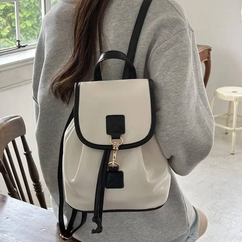 Xiuya White Elegant Womens Backpack Korean Style Fashion Leather Casual Backpacks Contrast Color Female Simple Aesthetic Bags