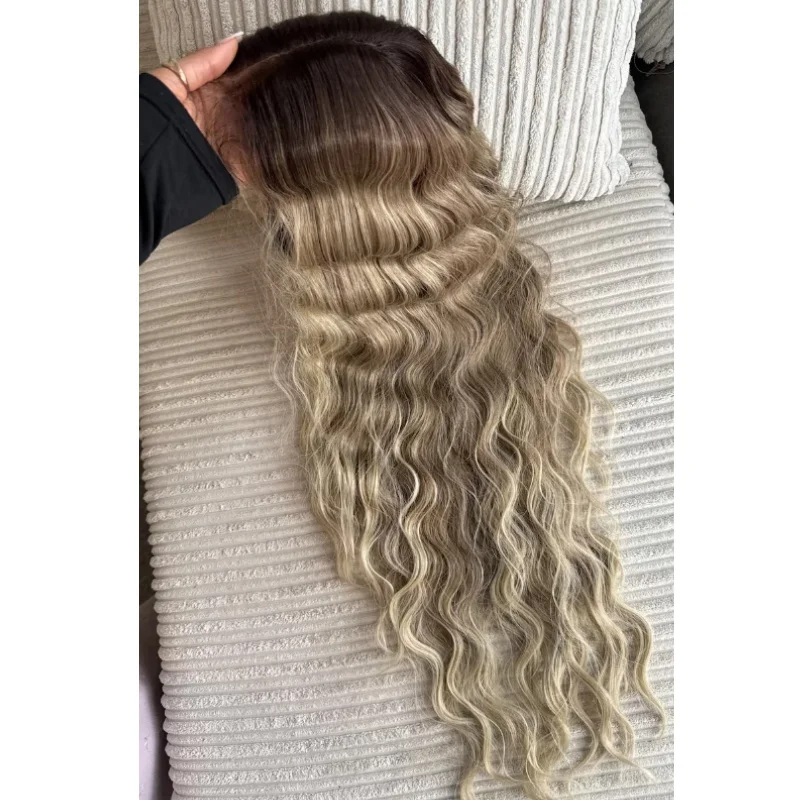 

13×4 Deep Wave High Quality Natural Lace Wig Synthetic Lace Front Wig Platinum Mix Blonde Wig Dark Root Synthetic Glueless Wig