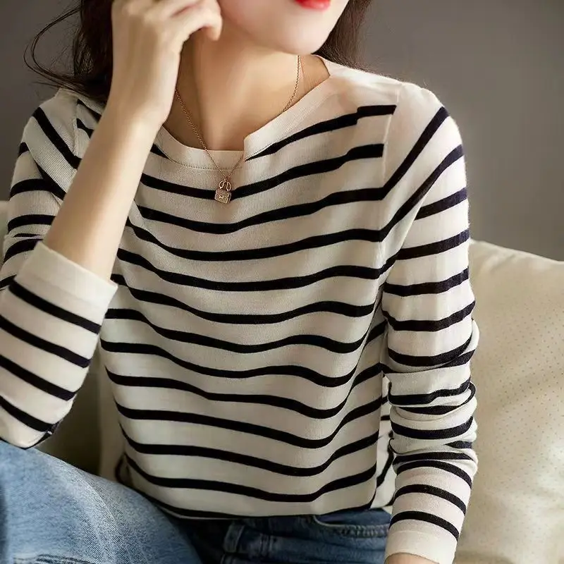 Spring Autumn Round Neck Long Sleeve Fashion Sweater Women High Street Striped Contrast Color Pullovers Elegant All-match Tops