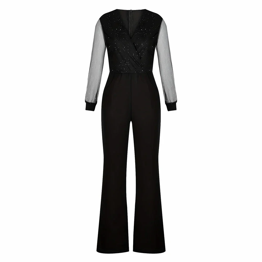 Damen-Jumpsuits für alle Jahreszeiten, französische, minimalistische, taillierte, ausgeschnittene, langärmlige, knöchellange, gerade Jumpsuits mit V-Ausschnitt