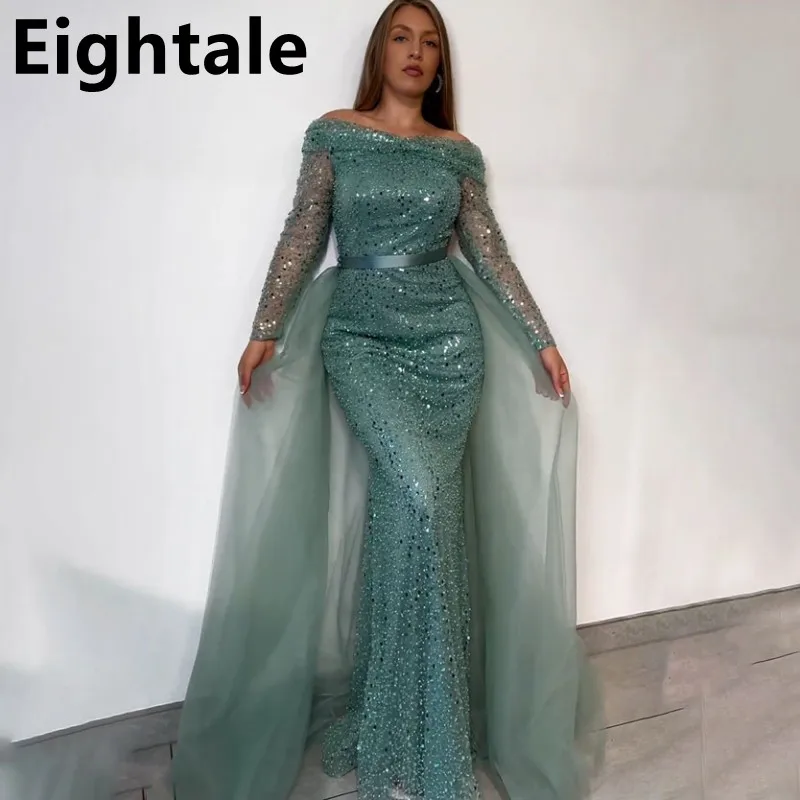 

Customized Eightale Long Sleeve Sequin Evening Dresses For Wedding Party Off Shoulder Mermaid Formal Prom Dress Dubai Party Gown