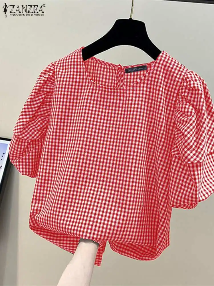 Vintage Checked Blouse Women Summer Short Sleeve Tops Elegant OL Work Shirt 2024 ZANZEA Fashion Casual Grid Prints Blusas Femme