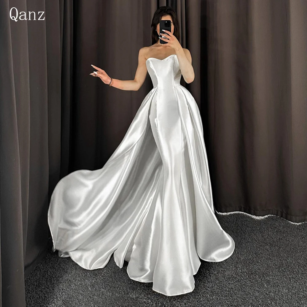 

Qanz Elegant Sweetheart Sleeveless Mermaid Wedding Dress Detachable Train Trumpet Pleat Satin Bridal Gown Vestidos Novias Boda