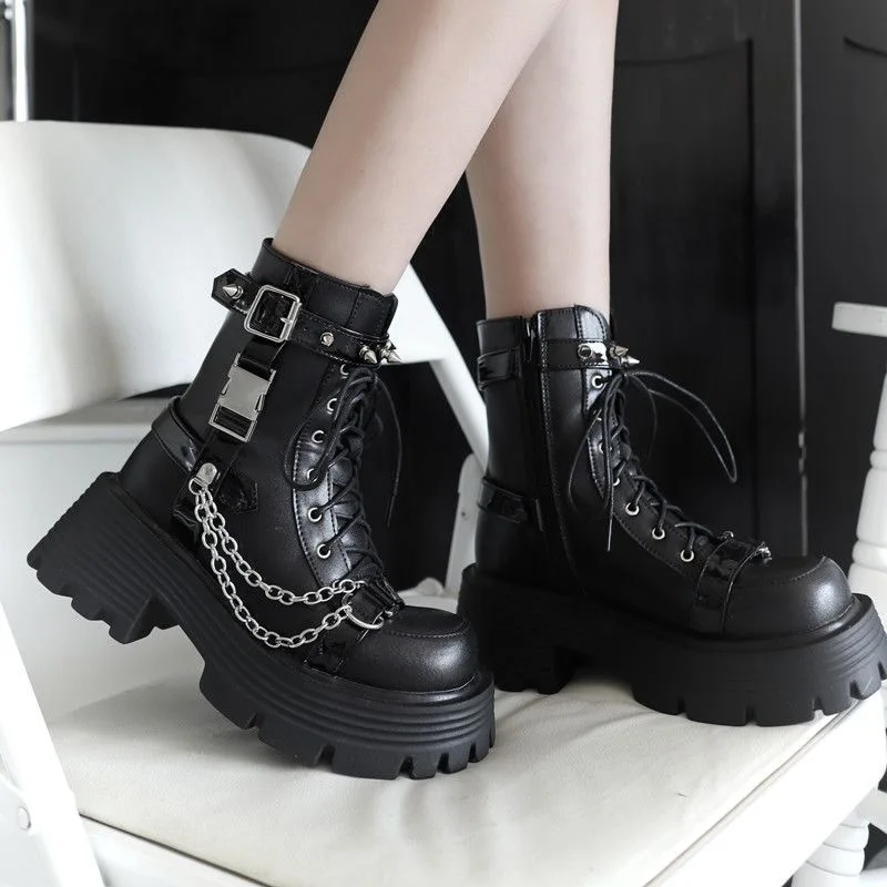 British Style Short Boots Trend Sweet Edgy Chunky Shoes Platform Boots for Women Black Motorcycle Boots with Height-increasing