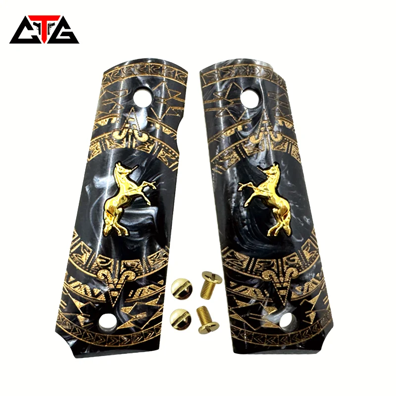 

CTG 1911 Grips COLT Springfield Pearl Aztec Motif black with Gold Horse Medallion