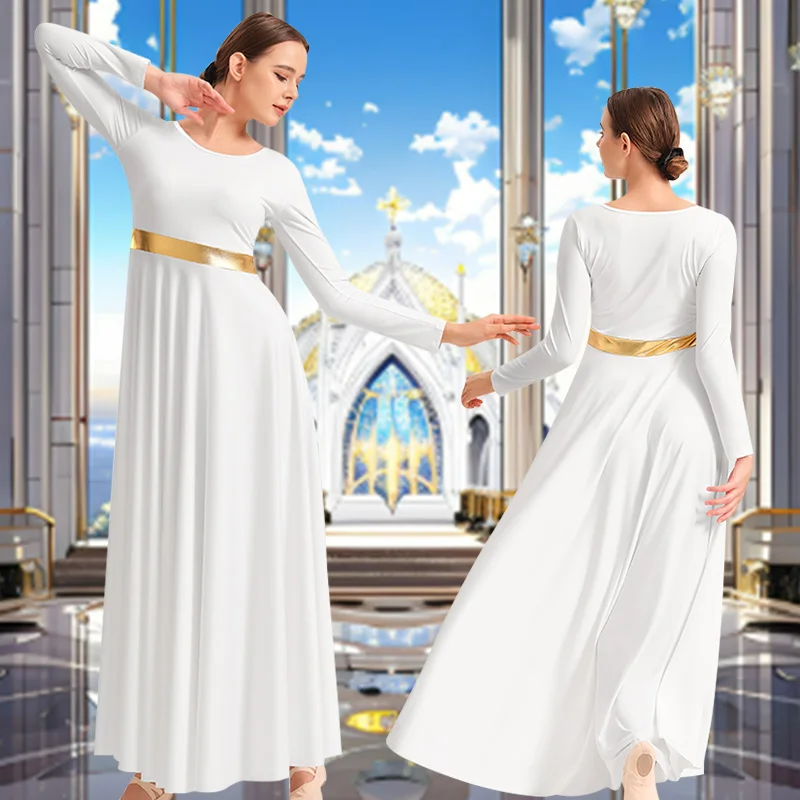 Women's Long Sleeve Loose Fit Full Length Praise Moden Dance Dress for Adult Worship Liturgical Metallic Costume Dance Dress
