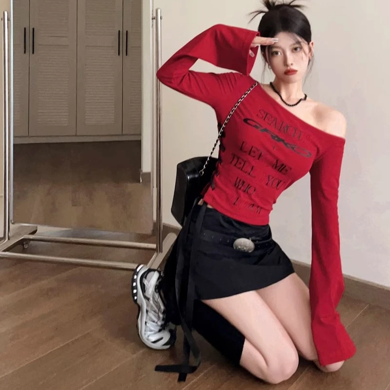 T-Shirts Women Oblique Shoulder Lace-up Design Slim Fit All-match Sweet Sexy Girls Korean Fashion Spring Autumn Crop Tops Casual