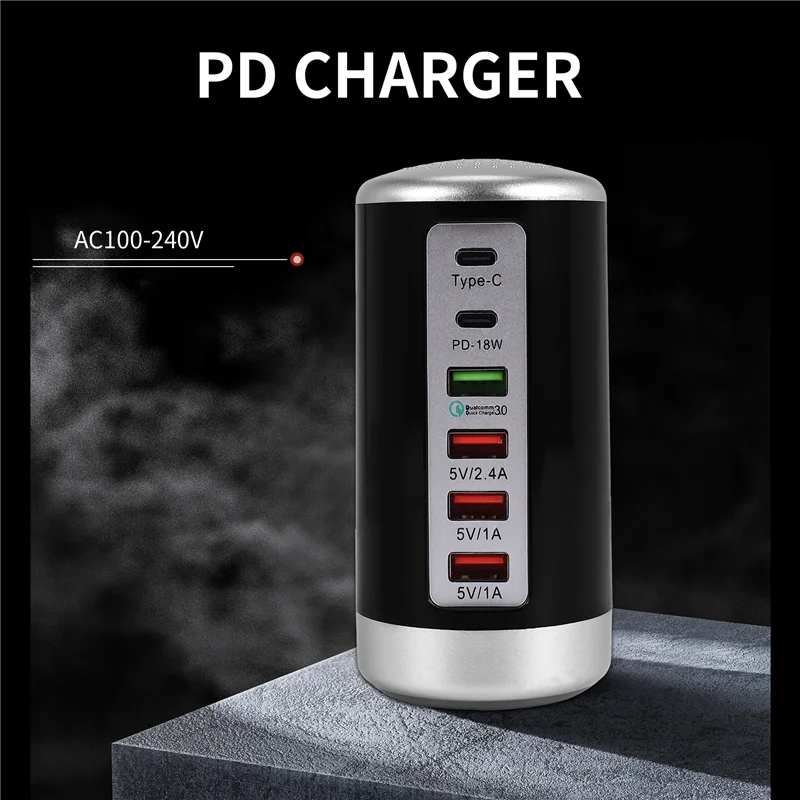 HFES 65 واط USB شاحن سريع محور شحن سريع QC3.0 متعدد 6 منافذ USB نوع C PD شاحن محطة شحن الولايات المتحدة التوصيل