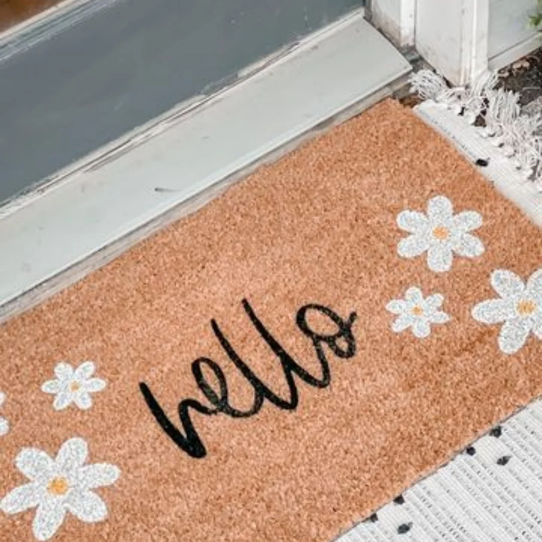 Hello Floral Coir Door Mat Colorful Rose Flower Print Indoor Outdoor Front Entrance Welcome Doormat Home Decor Rug