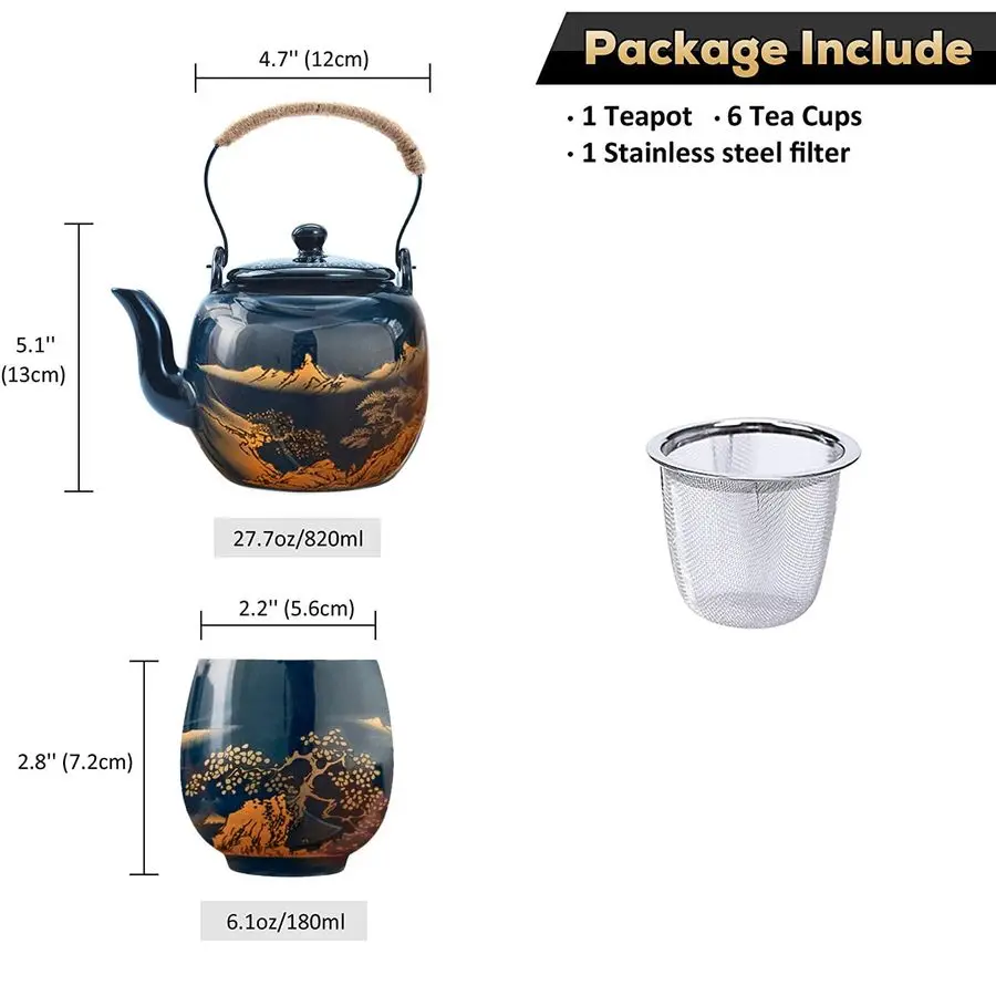 

Набор японского чайного сервиза, керамический чайный сервиз с азиатской черной глазурью содержит 1 чайник, 1 ситечко для чая и 6 чашек. Идеально подходит для дома, Открытый