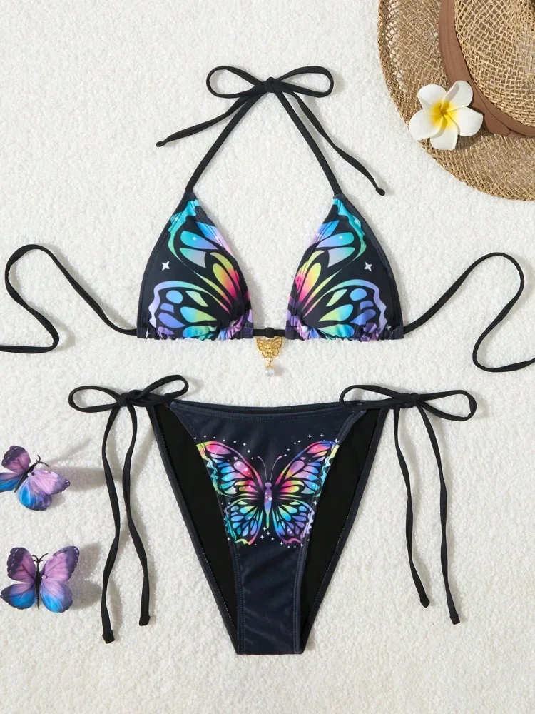 

Bikini Women Swimsuit 2025 New Black Butterfly Halter Bikinis Set Sexy Swimwear Summer Lace Up 2 Piece Beach Bathing Suit Female