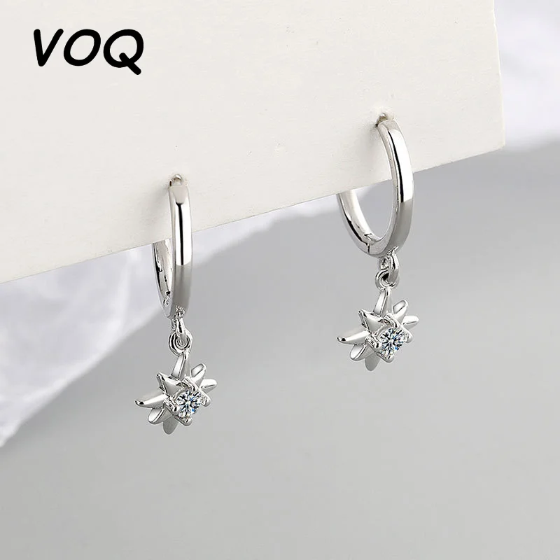 VOQ Silver Color Octagonal Star Pendant Earrings Women's Birthday Exquisite Jewelry Accessories Gift