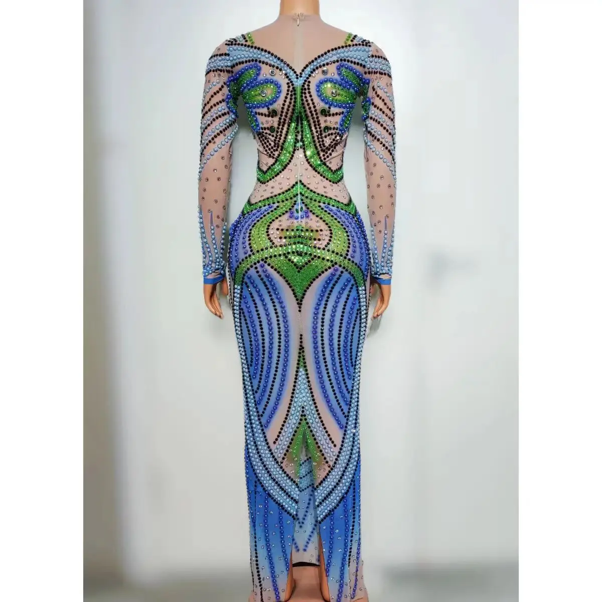 Full Diamond Printed prospettiva Mesh Sexy Long Dress Nightclub DJ Bar cantante femminile Stage Costume Party Theme Show abbigliamento