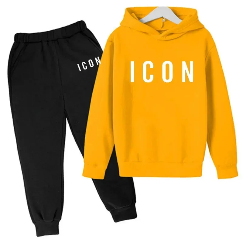 Icon Print Boys Girls 2 Piece Sets Hooded Tracuit Children Sports Suit Spring Hoodies Sweatshirt Fashion Causal Kids Clothing