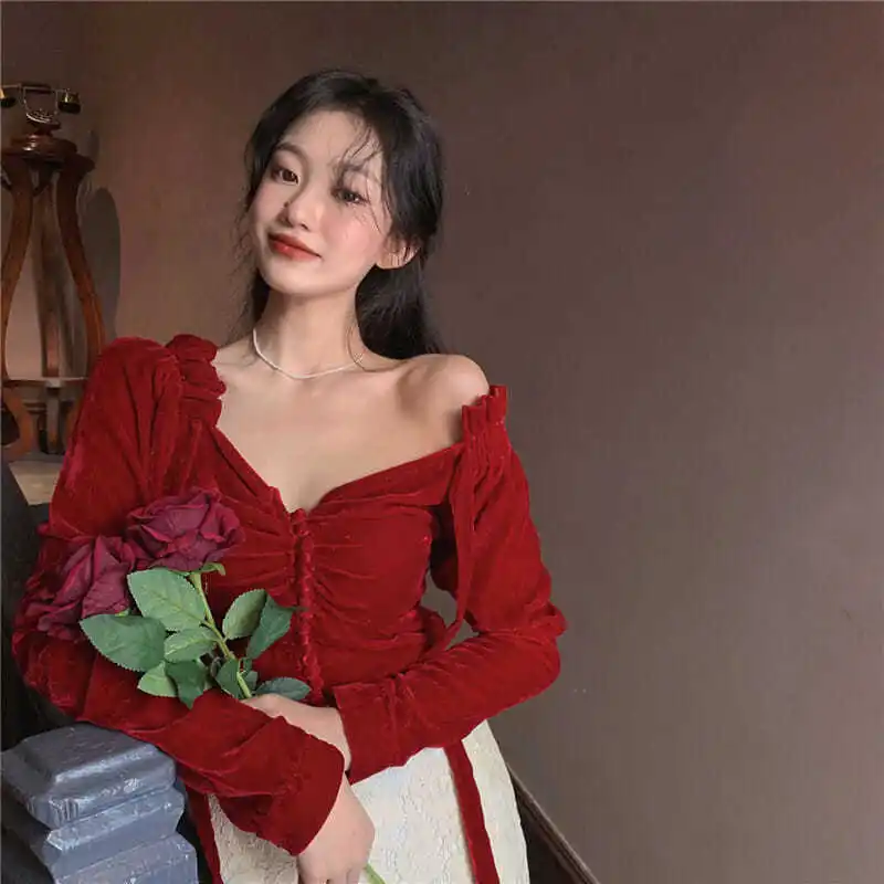 Blouses Vrouwen Dating V-hals Slanke Zoete Franse Kleding Casual Retro Studenten Lady Chic Ulzzang Lente Herfst Nieuwe Mode Shirring