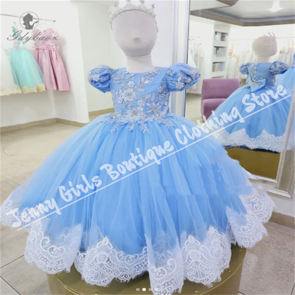 

Light Blue Mesh White Lace Appliqué Flower Girl Dress Balloon Sleeves First Communion Birthday Wedding Banquet Custom