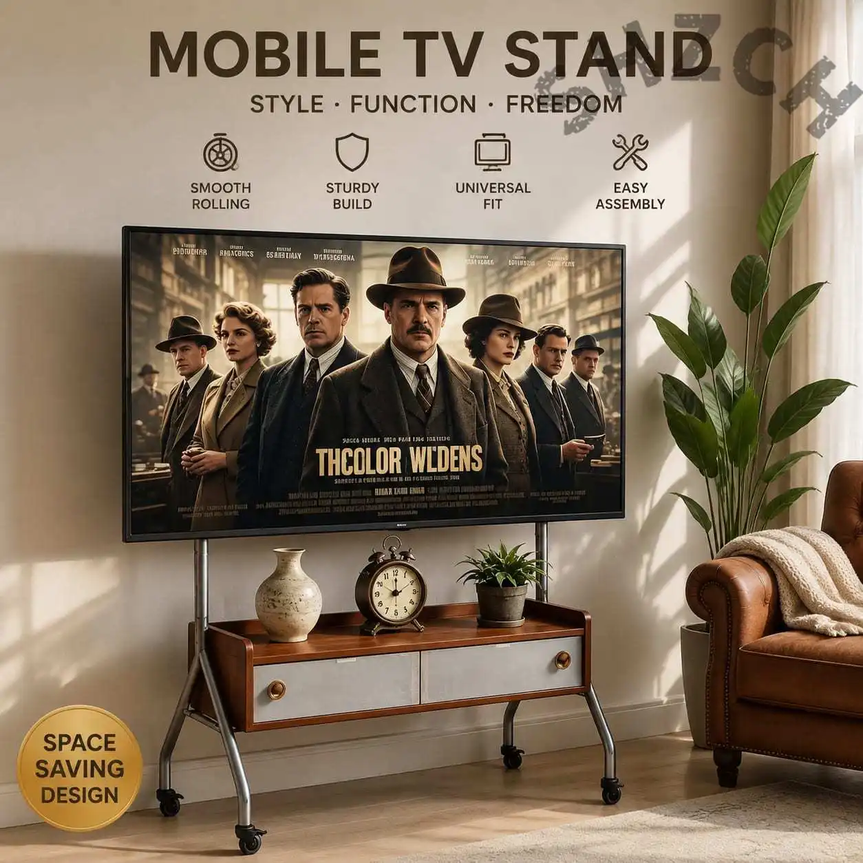 Modern Rolling TV Stand for 32–75 Inch Flat Screens – Space-Saving Design with Locking Casters
