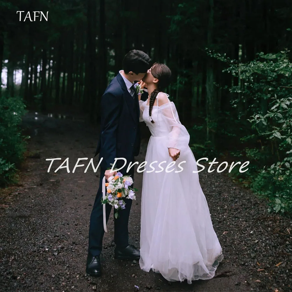 

TAFN Elegant A line Tulle Wedding Dresss Strap Off Shoulder Long Sleeve Korea Photo Shoot Long Bridal Gown Corset 웨딩드레스 Custom