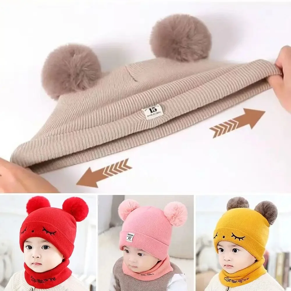 Cute Cotton Wool Knitted Bonnet Pompom Solid Color Baby Hat 2-piece Set Beanie Warm Beanie Cap