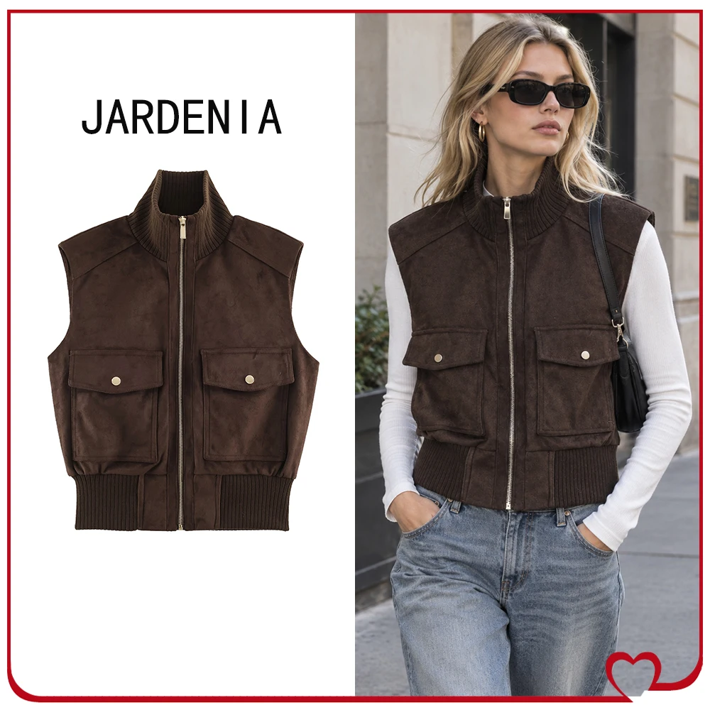 Vintage Suede Effect Vest for Women New in Autumn Brown High Neck Vest with Ribbed Trim Stylish Zippered Vest with Patch Pockets
