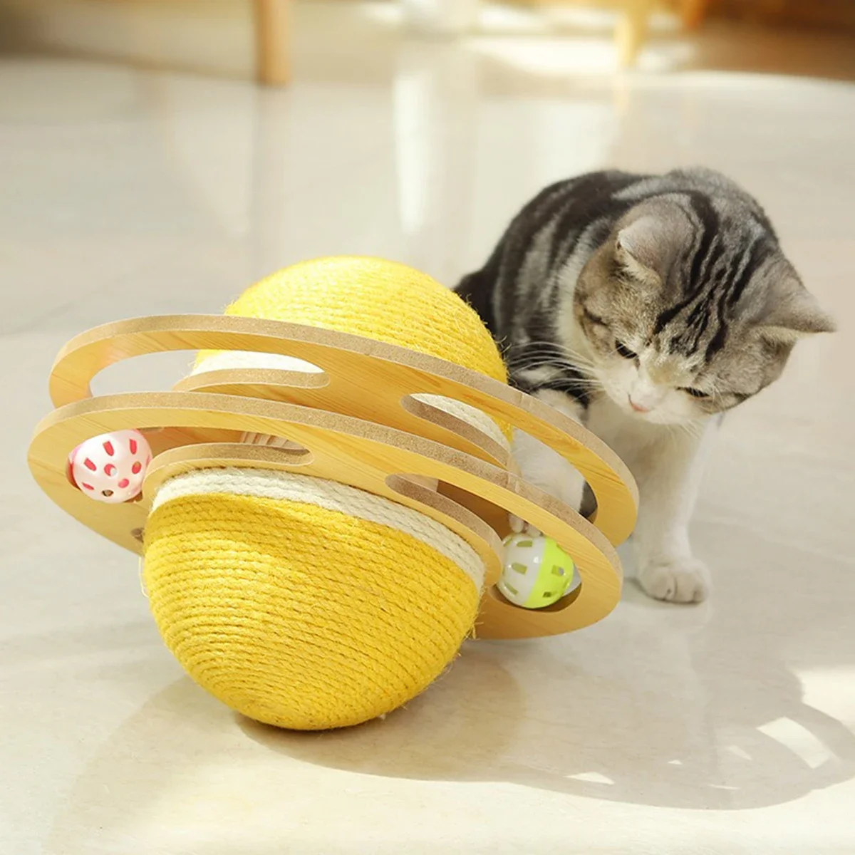 Rotating Planet Cat Toy - Wood & Sisal, Exercise & Entertainment, for Cats, Blue & Yellow Options