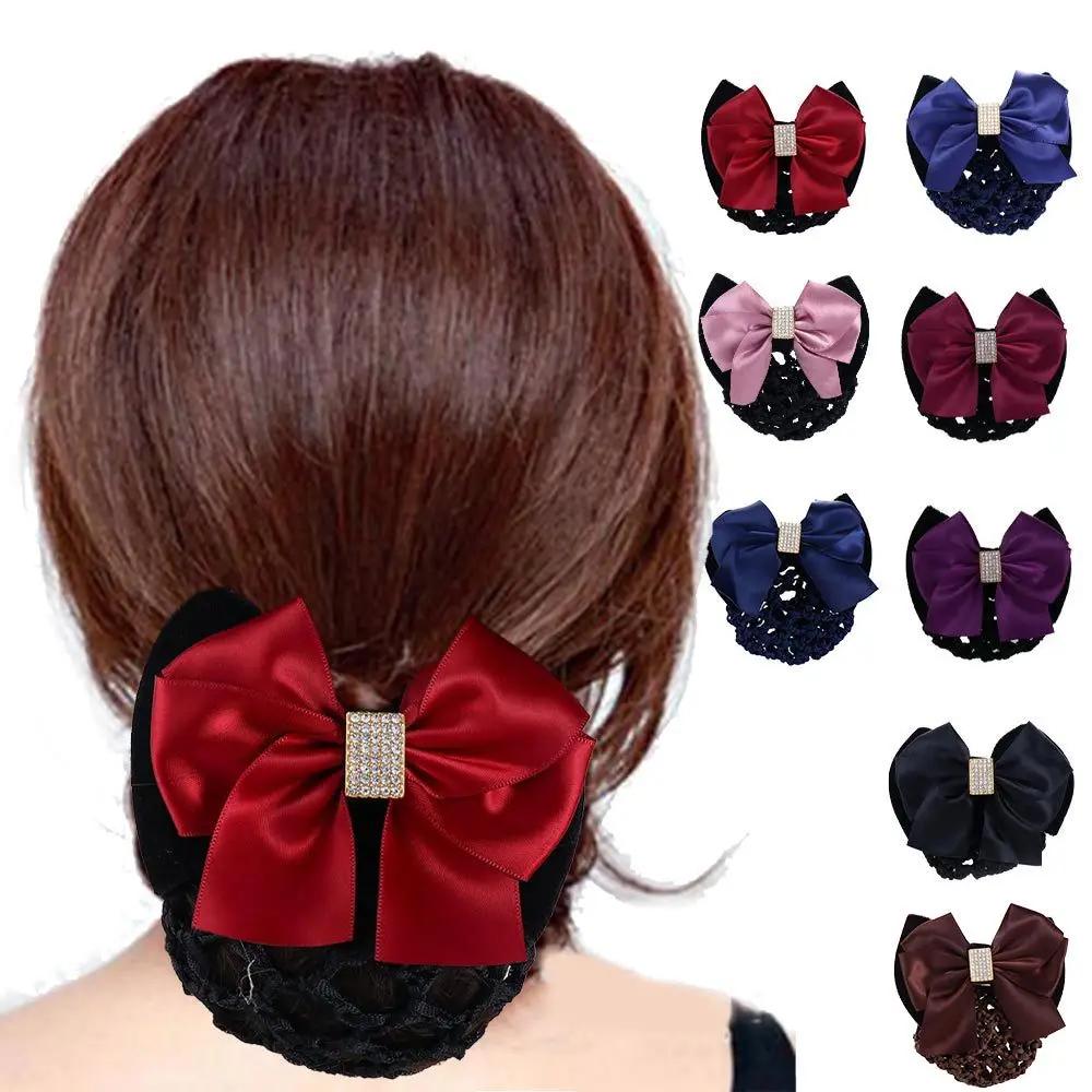 Elegant Sweet Big Bow Zircon Hotel For Girls Hairgrips Cover Net Women Spring Clips Korean Bun Snood Ponytail Clip