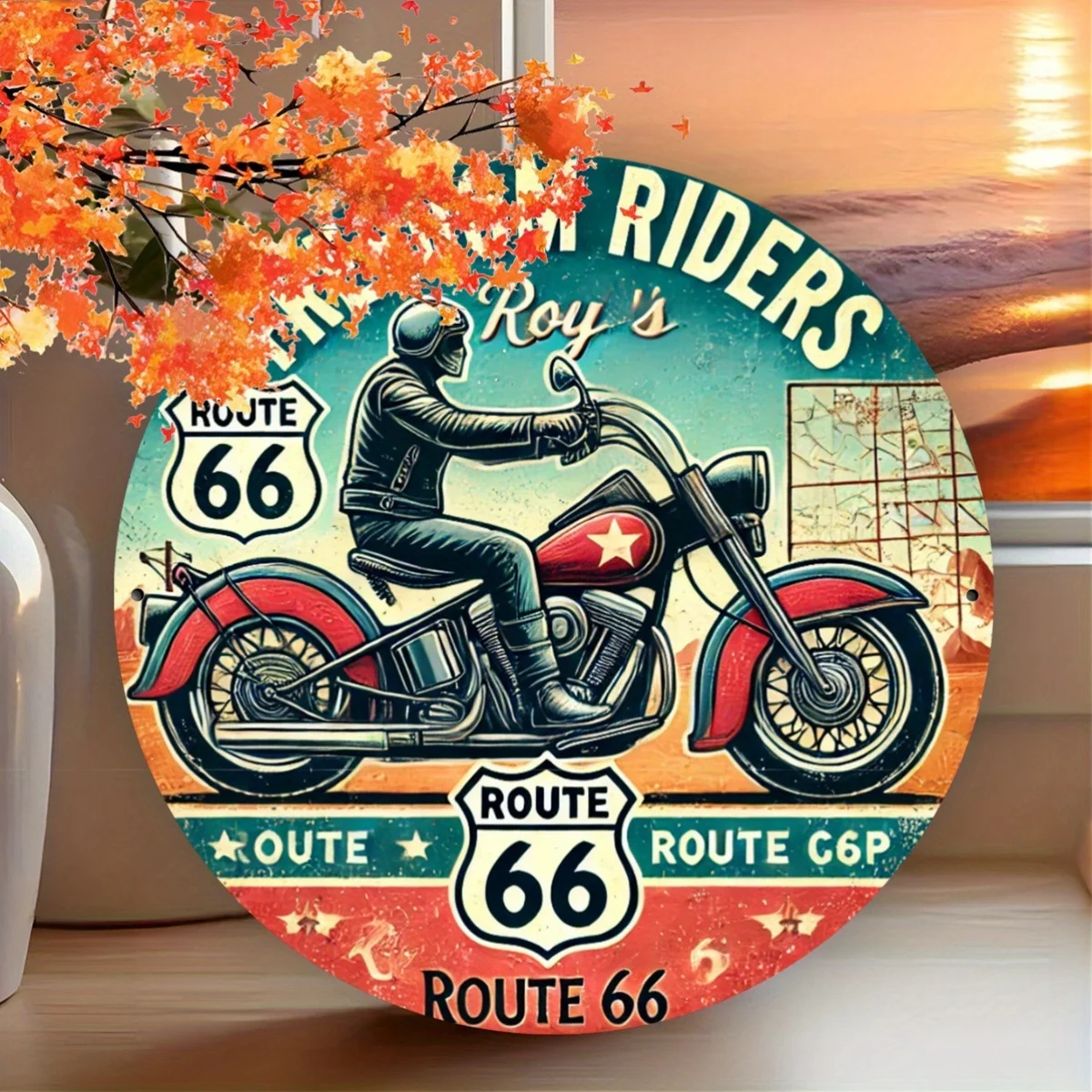 Vintage Route 66 Metal Wall Art Sign - Roy's Freedom Riders Iron Foil Engraving, Retro Motorcycle Decor for Indoor and Outdoor,