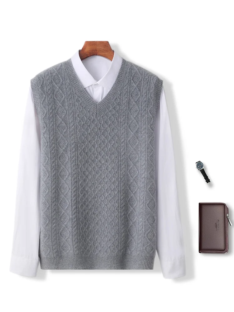 100% ميرينو الصوف الرجال الخامس الرقبة الخريف الشتاء سميكة الدافئة البلوز سترة موضة عادية محبوك سترة صوف من دون أكمام سترة