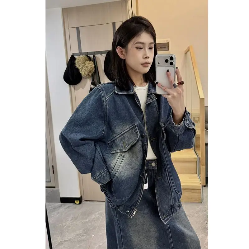 

Корейский женский модный комплект в стиле пастушки, осенне-зимний винтажный юбка с высоким разрезом и джинсовый джинсовый комплект из двух предметов