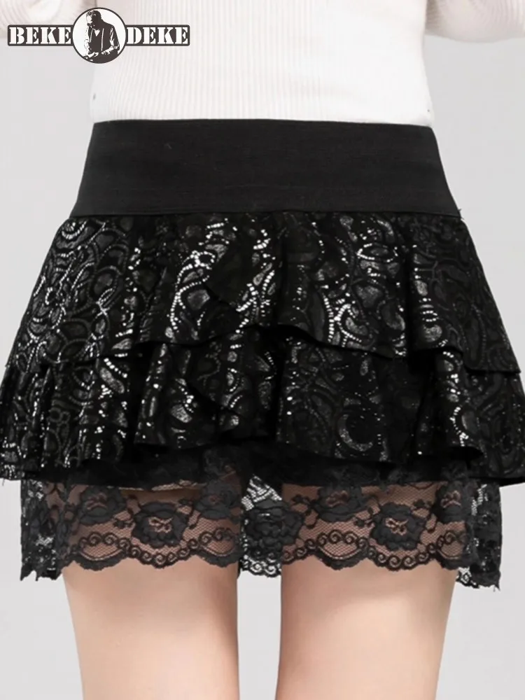 

Women Genuine Leather Skirts Lace Hot Sexy Stretch Waistband Print A Line Ruffles Above Knee Mini High Waist Autumn Winter 4XL