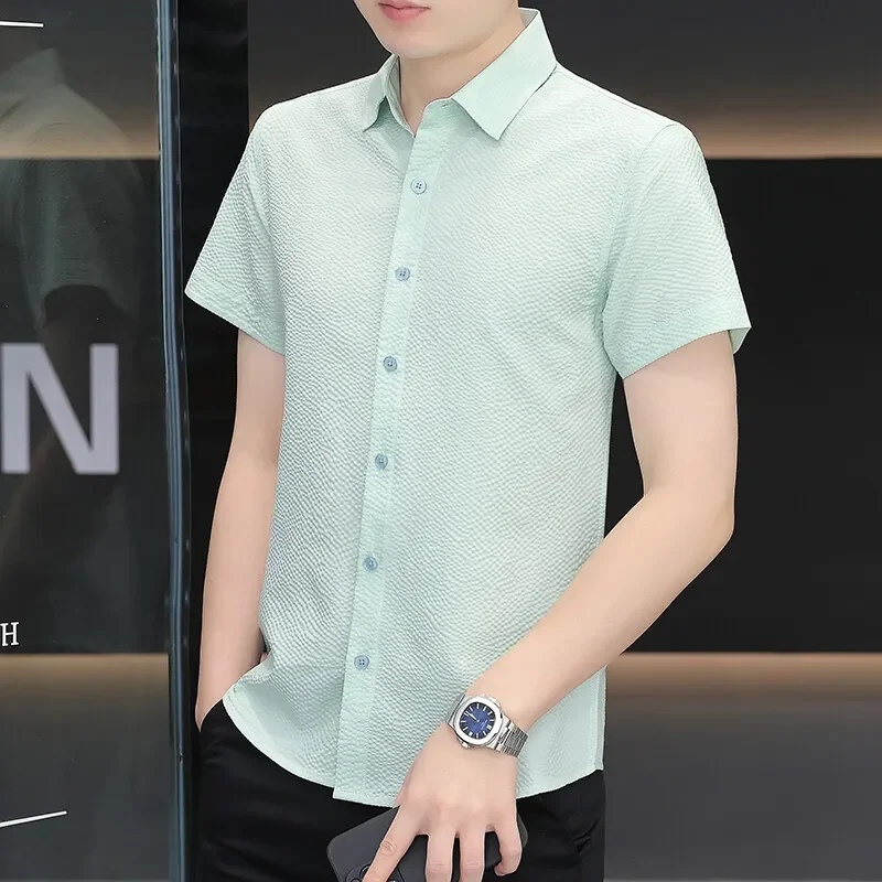 

2025 New Summer Solid Bubble Yarn Short-sleeve/long-sleeve Shirts for Men, Multi-color Fashion Trend Men's Seersucker Camisa