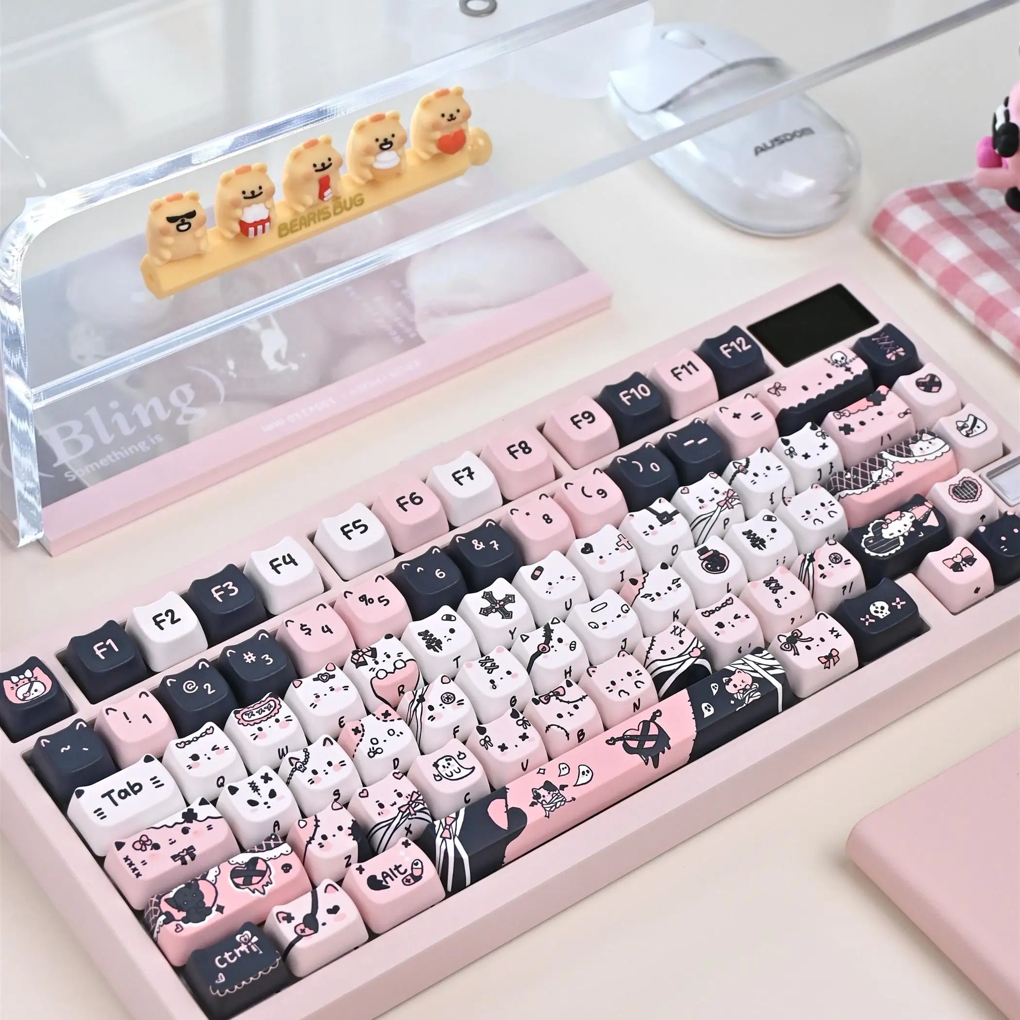 Capuchons de touches Meow polyvalents MAO, tête de chat mignonne, Style dessiné à la main, PBT, Sublimation thermique, noir, rose, pour clavier mécanique