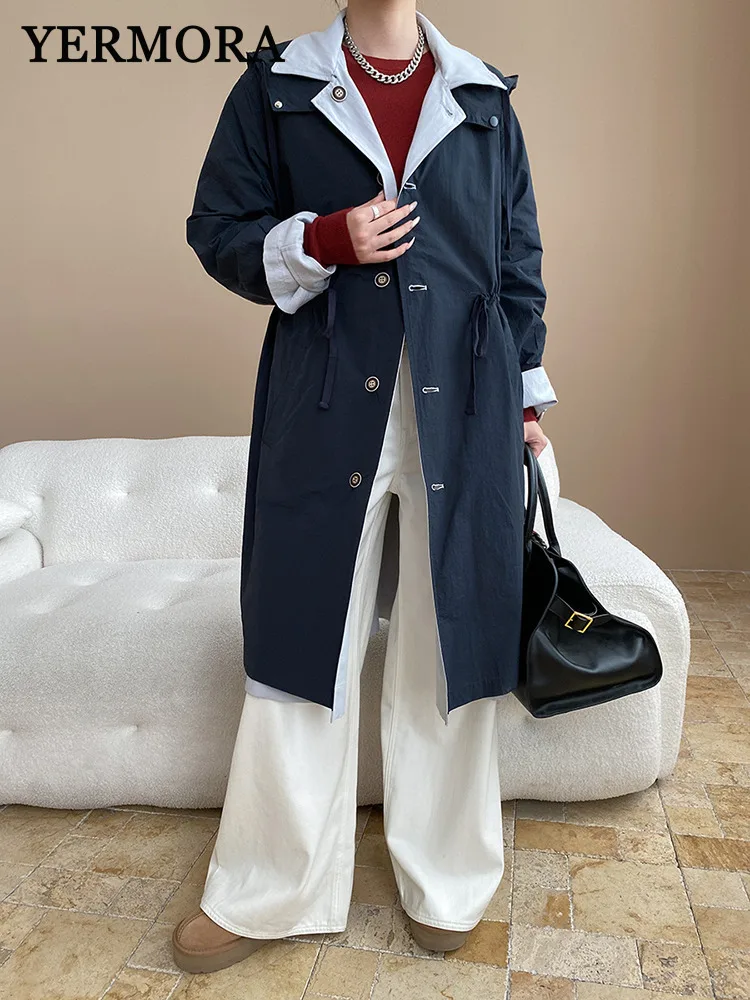 YERMORA Navy Blue Reversible Drawstring Trench Hoode Long Sleeve Loose New Women's Windbreaker Fashion Tide Spring Autumn 2025