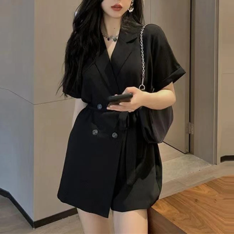 Summer Women's New Jumpsuit Lightweight High Waist Loose Fit Blazer Style Sleeveless Wide Leg One Piece Casual Shorts Outfit