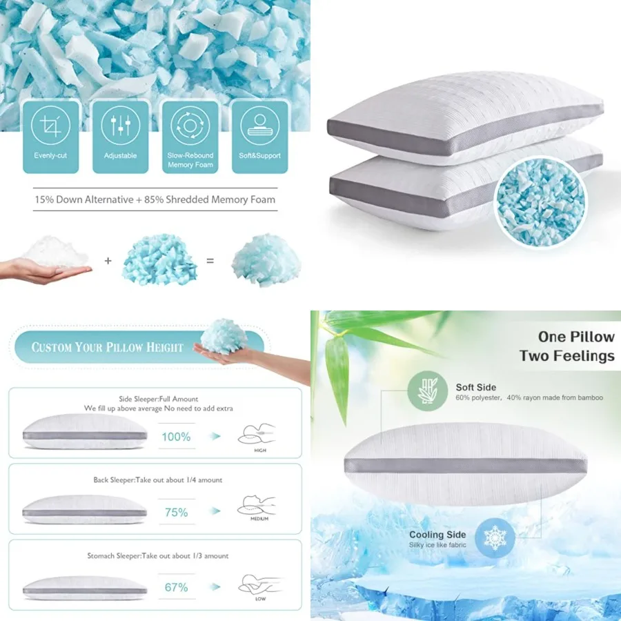 

Cooling Pillows Queen Size Set of 2, Shredded Memory Foam Bed Pillows for Sleeping, Queen Pillows for Back Side Sleepers, Adjus