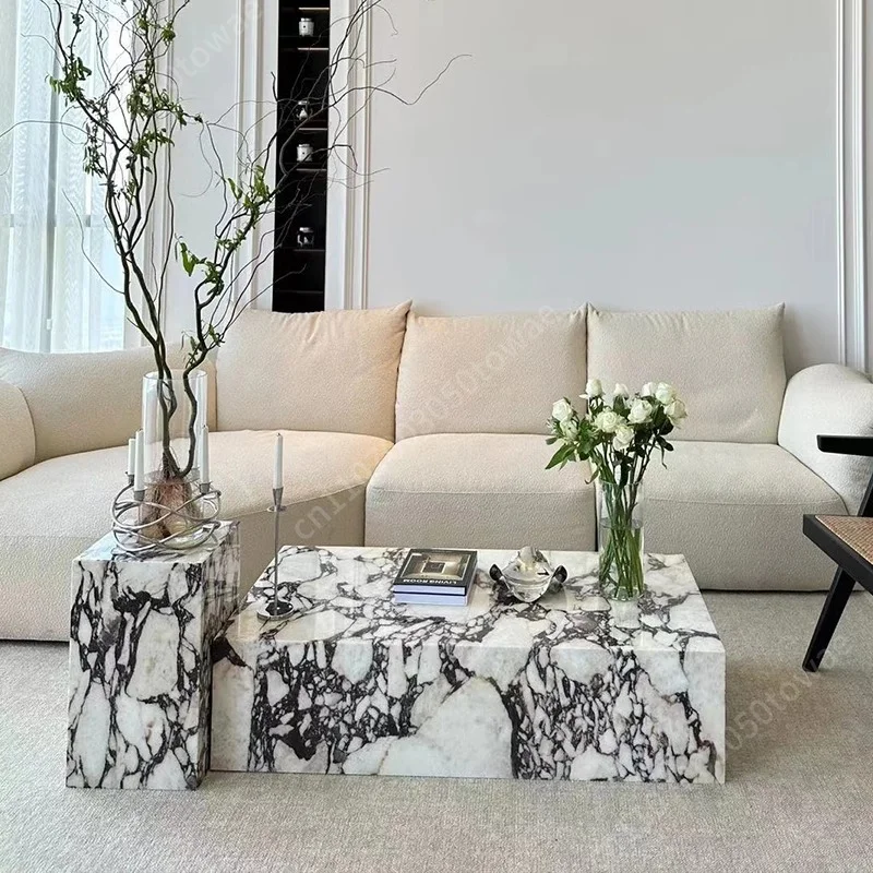 Bulgari Marmor-Optik Gesinterter Stein Couchtisch & Beistelltisch Set, Modernes Minimalistisches Blockförmiges Wohnzimmer-Möbelset