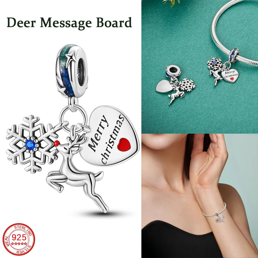 New Cute 925 Sterling Silver Christmas Deer Message Tag Pendant Charm Fit DIY Women's Bracelet Necklace Jewelry Gift Accessories